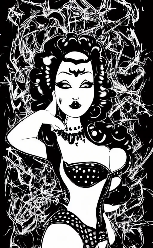 Image similar to of a goth girl burlesque psychobilly, rockabilly, punk, black hair, detailed face, white background, drawing, full body shot, portrait illustration