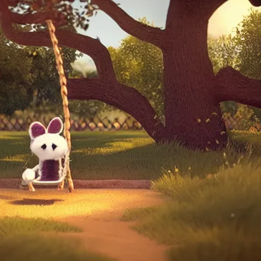 Prompt: a still from the game Little Big Planet, of a cute furry striped white-colored monster, enjoying while sitting on a swing in the middle of a park, facing towards the camera, dramatic lighting, by Victor Hugo, octane render, unreal engine, eye detailing, full-shot, very, very, very, very cute photo