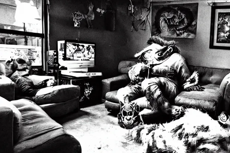 Prompt: a gritty photo made with a disposable camera of my living room where a real life Donkey Kong sits next to a real life King Bowser on the couch, while playing a video game