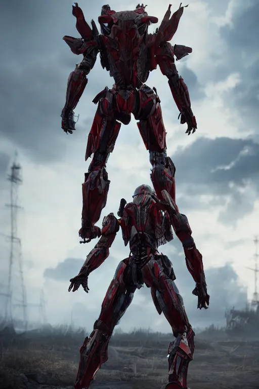 Image similar to hyper detailed cinematic rendering with volumetric lightning and ray tracing, azure crimson skinny full body armored core, weathering armor plating, endoekeleton exposure, 8 k, octane render, unreal engine, ray tracing