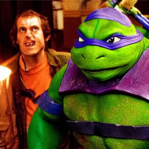 Image similar to movie still of ninja turtles in The Shining