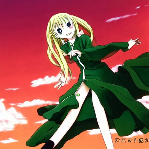 Image similar to anime, girl, green dress, flying, by eiichiro oda