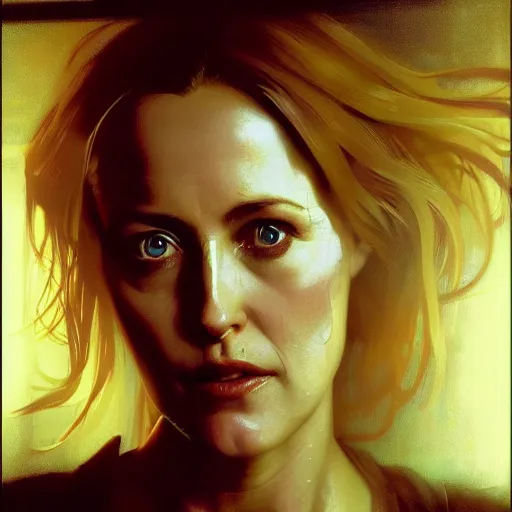 Image similar to gillian anderson, hyperrealistic portrait, bladerunner street, art of elysium by jeremy mann and alphonse mucha, fantasy art, photo realistic, dynamic lighting, artstation, poster, volumetric lighting, very detailed face, 4 k, award winning