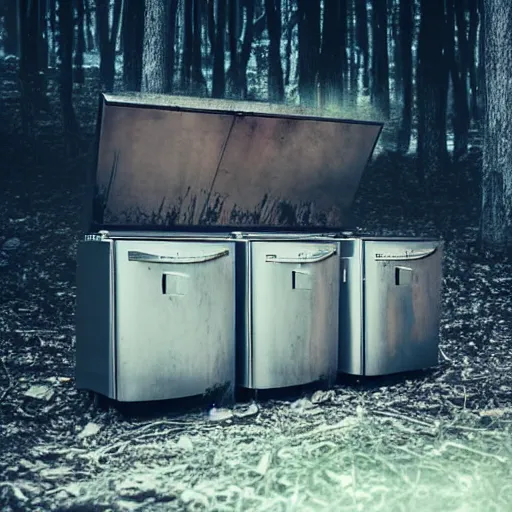 Image similar to a fridge in the middle of a dark and scary forest, sinister, mysterious, stranger things style photo, hdr, trend on artstation