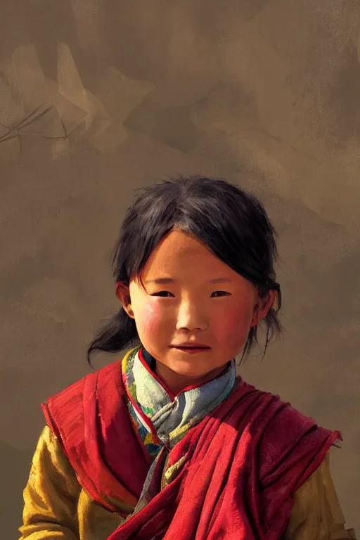 Image similar to Tibetan little girl, joyful, close-up portrait, intricate, elegant, volumetric lighting, scenery, digital painting, highly detailed, artstation, sharp focus, illustration, concept art, ruan jia, steve mccurry