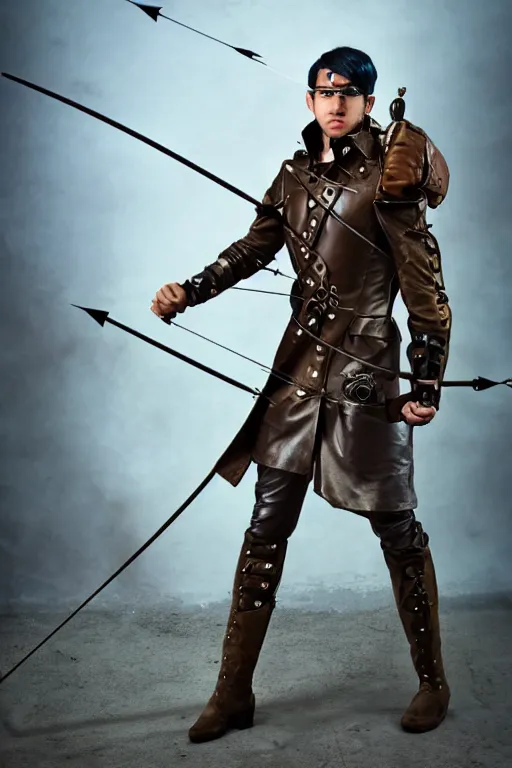 Prompt: Full body Picture of a Male archer, steampunk, black leahter gloves, leather trench coat, marked muscles, brown skin, detailed face, light blue hair, brown eyes, detailed face, combat stance, black denim pants, intrincate clothing, hi-tech longbow, metallic arrows, urban jungle, epic fantasy, city in the background, steampunk, D&D, by artgerm and Craig Mullins, James Jean, Andrey Ryabovichev, Mark Simonetti, Genzoman, and Peter Morbacher, matte painting, trending on artstation, artstationHD, artstationHQ, octane, full HD, 16K