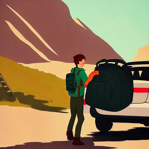 Image similar to hiker unloading the car before camping, style by atey ghailan