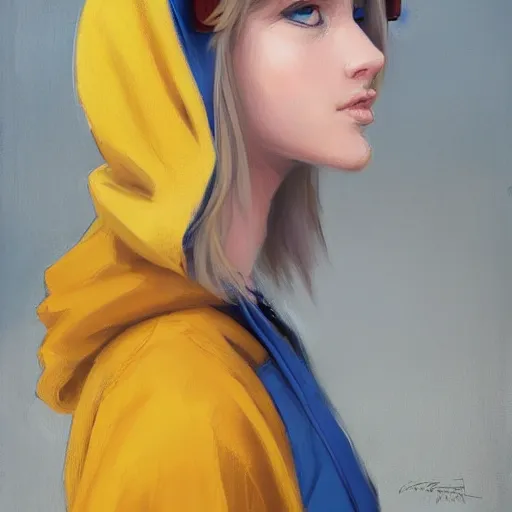 Image similar to greg manchess portrait of a beautiful teen girl with blonde hair, wearing a blue hoodie, as an overwatch character, medium shot, asymmetrical, swedish, cinematic lighting, window, profile picture, organic painting, matte painting, bold shapes, hard edges, street art, trending on artstation, by huang guangjian and gil elvgren and sachin teng