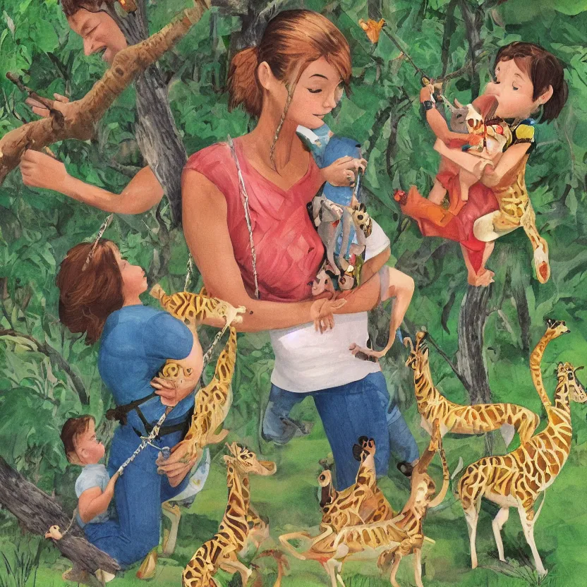 Image similar to small child swung between a mommy and a daddy at a zoo, award winning illustration by Don Freeman