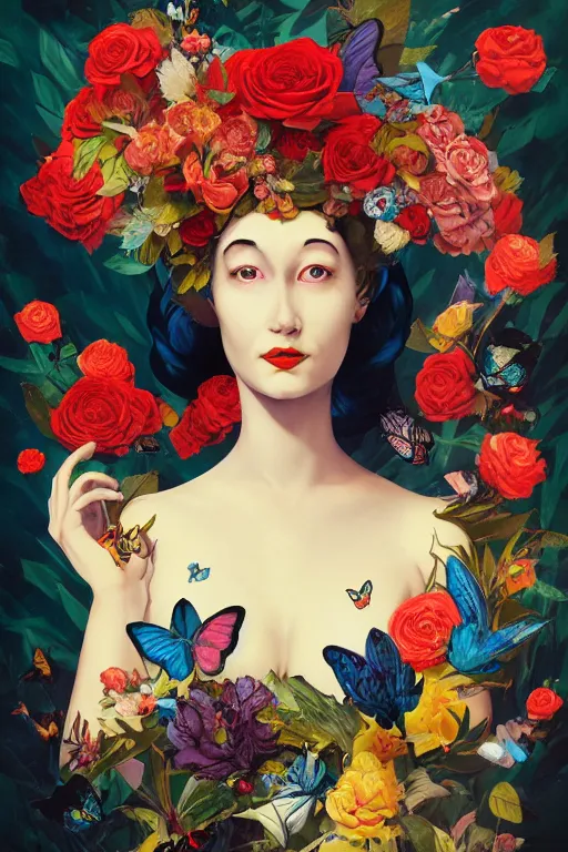 Prompt: illustration woman bird with exotic flowers on her head, flowers, butterflies, moon, roses, surrealist style, Collage Art by James Jean, masterpiece, Edward Hopper and James Gilleard, Ross Tran, Mark Ryden, Wolfgang Lettl, Yayoi Kasuma, vintage