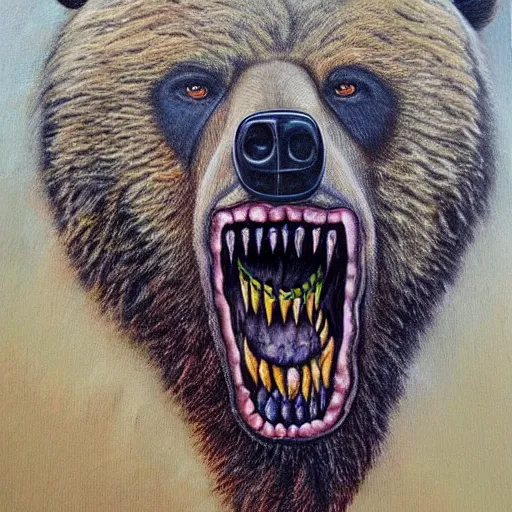 Prompt: a horrid painting of a bear with a human face sown onto it, terrifying creature, absurdly sharp teeth with blood, stunning level of detail by professional artists