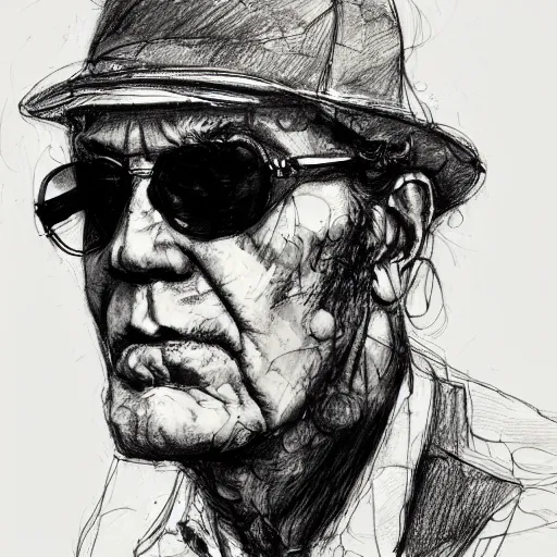 Prompt: a realistic yet scraggly portrait sketch of the side profile of a stern and sophisticated hunter s. thompson, trending on artstation, intricate details, in the style of frank auerbach, in the style of sergio aragones, in the style of martin ansin, in the style of david aja, in the style of mattias adolfsson