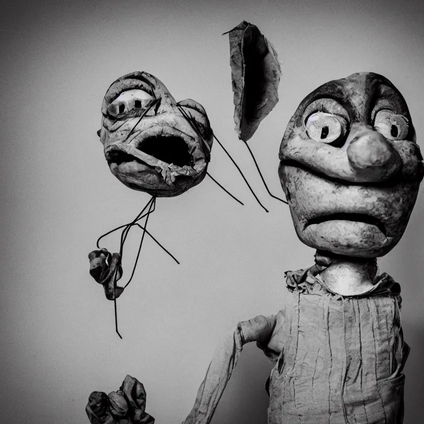 Image similar to creepy ventriloquist dummy in the style of roger ballen, 4 k, bw, portrait