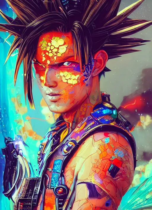 Prompt: beautiful portrait of Lofi cyberpunk Goku, by Tristan Eaton, Stanley Artgermm, Tom Bagshaw, Greg Rutkowski, Carne Griffiths. trending on DeviantArt, face enhance, hyper detailed, trending on Artstation, 8k, masterpiece, graffiti paint, fine detail, full of color, intricate detail, golden ratio illustration