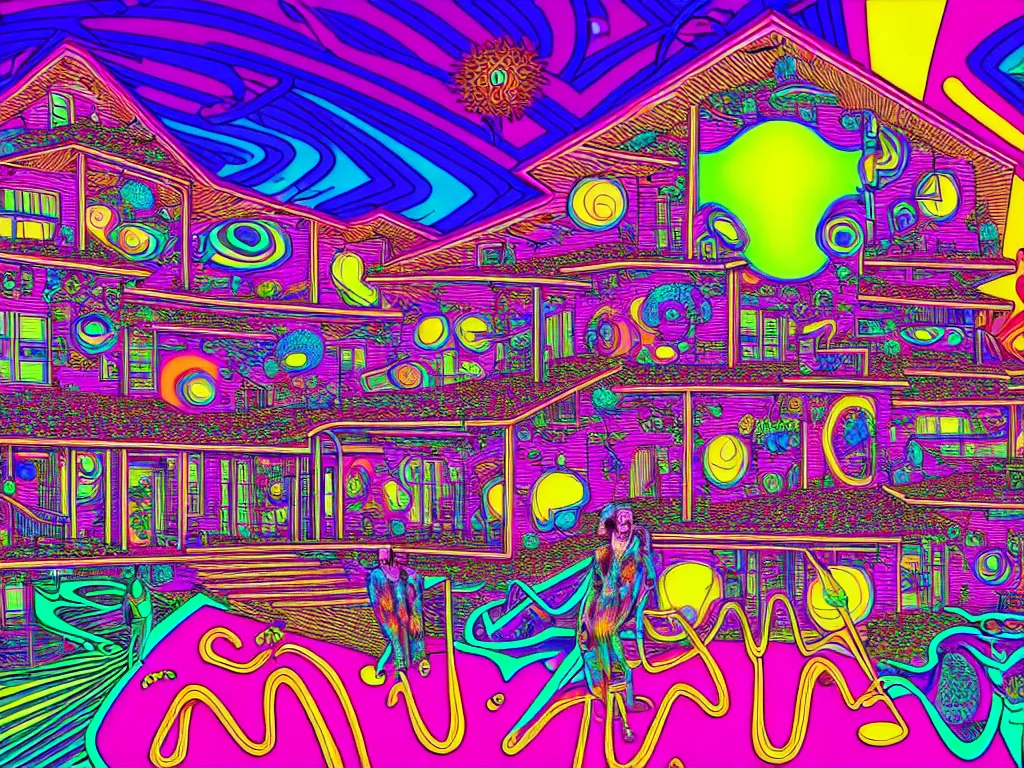 Image similar to house party, epic angle, happy, psychedelic, hip hop, surreal, neon, vaporwave, detailed, illustrated by Alex Grey, 4k