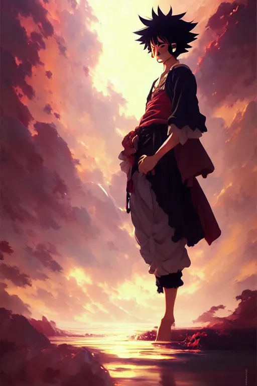 Image similar to baroque oil painting full body portrait character concept art, anime key visual of luffy studio lit directed gaze, trending on pixiv fanbox, painted by greg rutkowski makoto shinkai takashi takeuchi studio ghibli