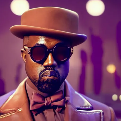 Image similar to Professional photo of Kanye West as willy wonka in fallout new vegas, splash art, movie still, cinematic lighting, dramatic, octane render, long lens, shallow depth of field, bokeh, anamorphic lens flare, 8k, hyper detailed, 35mm film grain