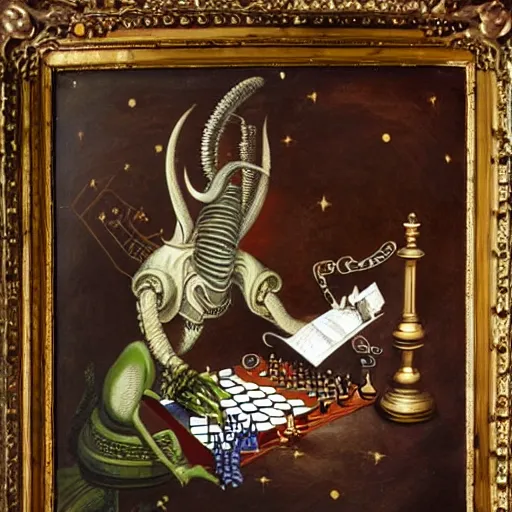 Image similar to alien playing chess looking wise, rococo oil painting, highly detailed