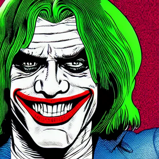 Prompt: dynamic macro head portrait of kurt cobain as the joker by john romita sr and cory walker and ryan ottley and jack kirby and barry windsor - smith, comic, illustration, photo real