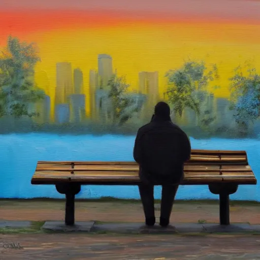 Prompt: oil on canvas, modern street art, a man sitting on a bench looking at the sunset
