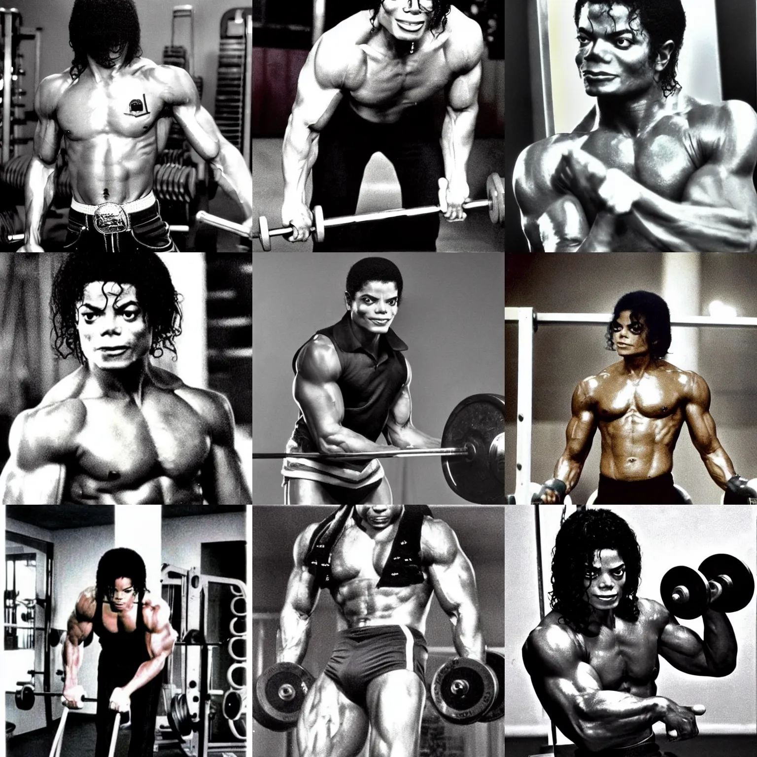 Prompt: close up!! real photograph, very muscular michael jackson pumping iron, photograph, color vintage