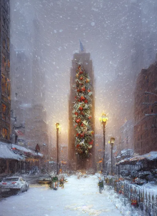 Image similar to new york apartment building in winter, wreath on door, snow, artwork by gaston bussiere, craig mullins, trending on artstation