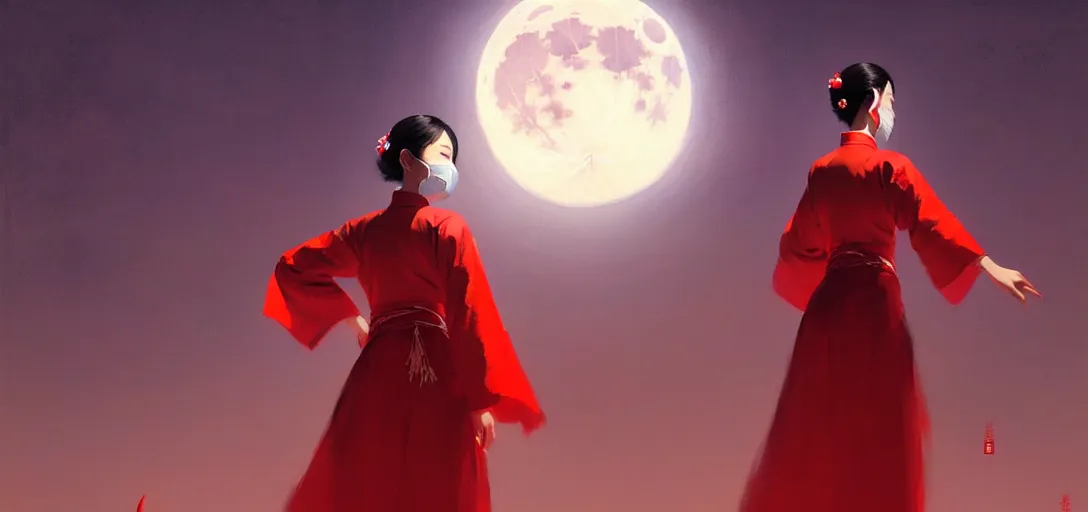 Prompt: vietnamese female with white cloth mask wearing traditional red ao dai, full moon on the sky, digital illustration by ruan jia, a ultra detailed beautiful panting by ilya kuvshinov, greg rutkowski and makoto shinkai, trending on artstation