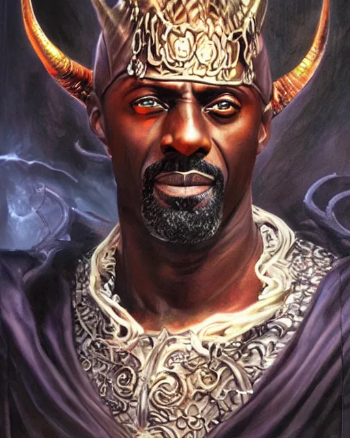 Image similar to detailed portrait of Idris Elba as a horned Tiefling powerful dungeons and dragons warlock, wearing dark robe, intricate, hyper detailed, lovecraftian, realistic, oil painting, by jeff easley, boris vallejo, cinematic lighting