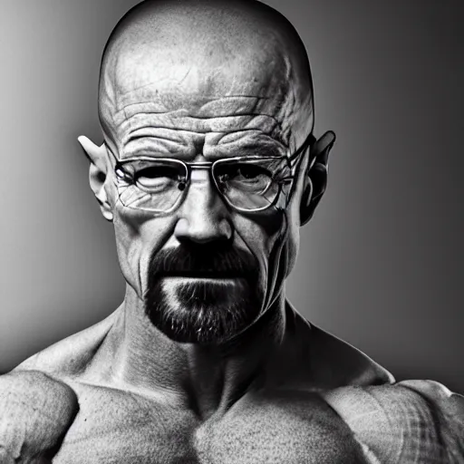 Image similar to Walter White is a jacked muscle builder gigachad, grayscale photography