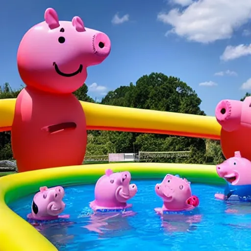 Image similar to a large inflatable float of Peppa Pig in a luxury hotel swimming pool