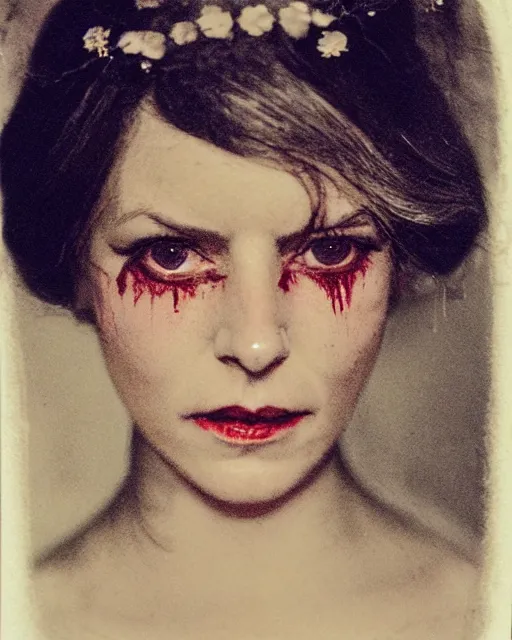 Image similar to an instant photo of a beautiful but sinister woman in layers of fear, with haunted eyes and tangled dark hair, 1 9 7 0 s, seventies, delicate embellishments, a little blood, crimson, painterly, offset printing technique, mary jane ansell