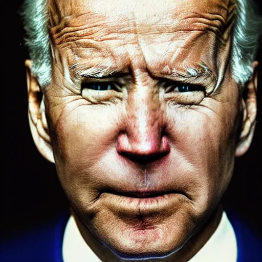 Image similar to Highly detailed close-up photograph of President Joe Biden’s face, slight smirk, single tear rolling down his cheek, photography by Steve McCurry, backlit