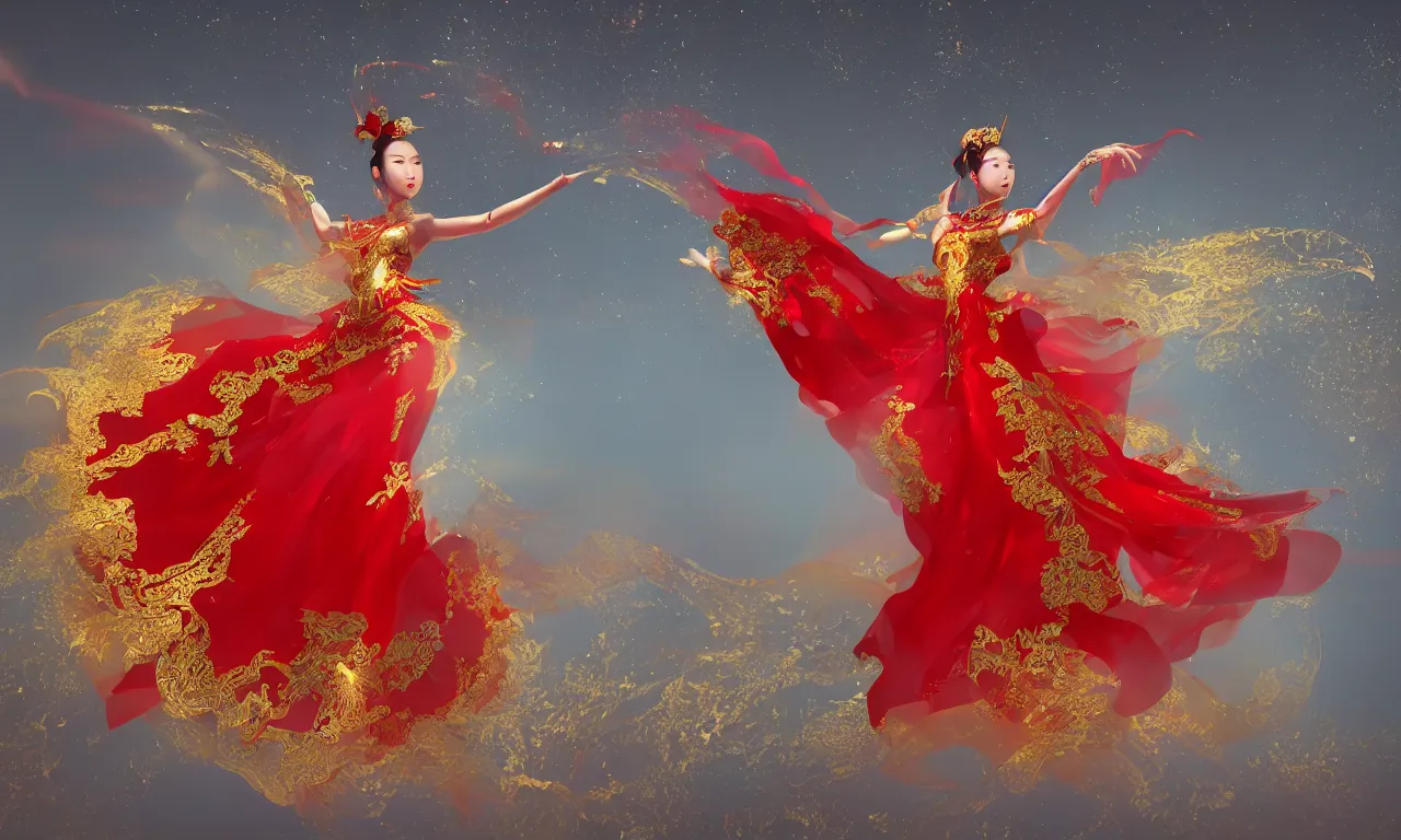 Image similar to chinese princess, dance, fairy, beautiful, stunning, red and gold dress, spinning in the sky, unreal engine, concept art, photo realism, film, james jean, akira, satochi con, character design, void arcanist, mist, photorealistic, octane render, unreal engine, hyper detailed, volumetric lighting, 8 k