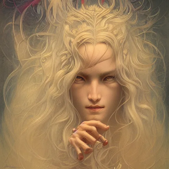 Image similar to a highly detailed beautiful portrait in the style of jean delville and in the style of peter mohrbacher.