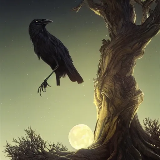 Image similar to crow on tree in front of the full big moon, highly detailed, digital painting, artstation, concept art, smooth, sharp focus, illustration, Unreal Engine 5, 8K, art by artgerm and greg rutkowski and alphonse mucha