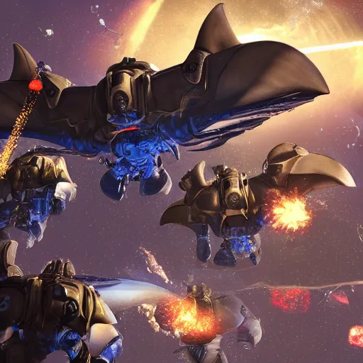 Image similar to 4 SPACE marines shooting a flying manta ray on a decapitated gothic spaceship hyperrealistic