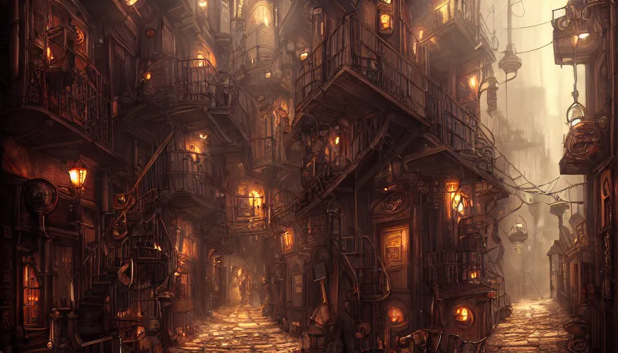 Prompt: a busy steampunk alleyway by alex flores, trending on artstation, digital art, fantasy, steampunk