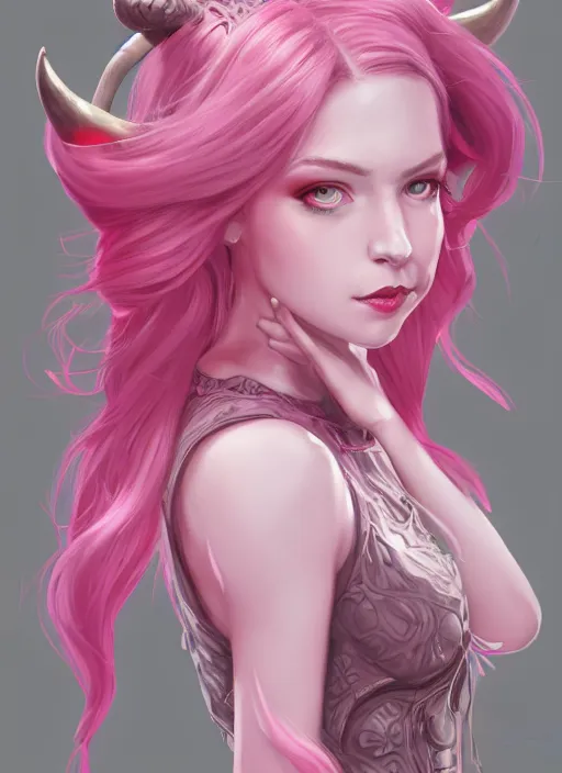 Image similar to a highly detailed illustration of cute smug pink haired pale girl with horns wearing pink dress, dramatic smirk pose, intricate, elegant, highly detailed, centered, digital painting, artstation, concept art, smooth, sharp focus, league of legends concept art, wlop.