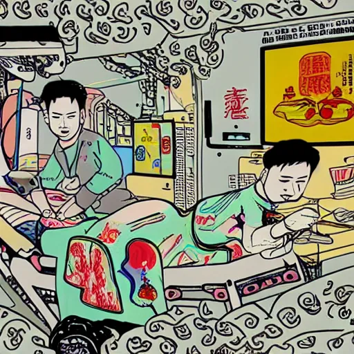 Image similar to chinese surgery operating table, in the style of daniel johnston and outsider art, 8k, line brush, overlaid with chinese adverts