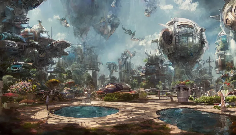 Prompt: craig mullins and studio ghibli illustration of futuristic society living in an exosphere structure, science fiction landscape, animals around a fountain in the center, ufos scattered above, clouds, unreal engine, hyper realism, realistic shading, cinematic composition, realistic render, octane render, detailed textures, photorealistic, wide shot