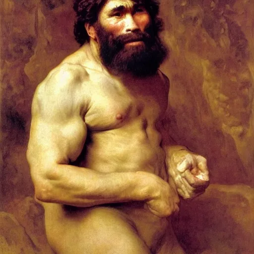 Image similar to portrait of an ancient human species neanderthal muscular rubenesque hairy man, by bouguereau, norman rockwell, ruben, manet, renoir