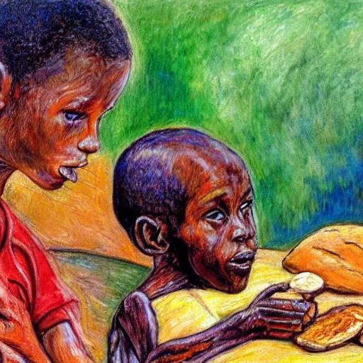 Image similar to oil painting of a malnourished ugandan boy sharing bread with a blond well fed child american, by josephine wall