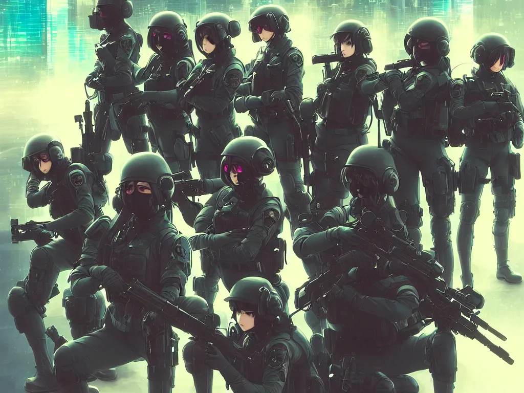 Image similar to anime key visual of a team of multiple female swat officer ready to attack, neon, cyberpunk, futuristic, stunning, highly detailed, digital painting, smooth, soft focus, illustration, movie poster, japanese typography, digital art from artstation by artgerm and greg rutkowski and alphonse mucha