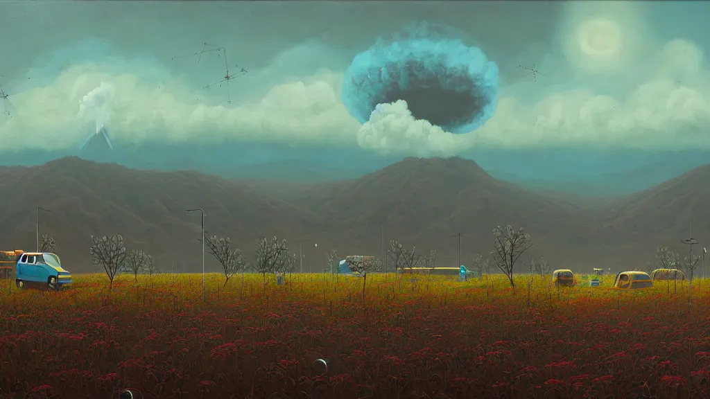 Image similar to Nuclear Nature harmony; by Oswaldo Moncayo; by Simon Stålenhag, oil on canvas; Location: Quito Ecuador