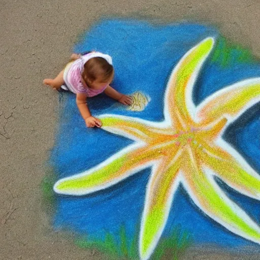 Image similar to Chalk drawing of a starfish holding seaweed. Child's drawing chalk on brick wall.