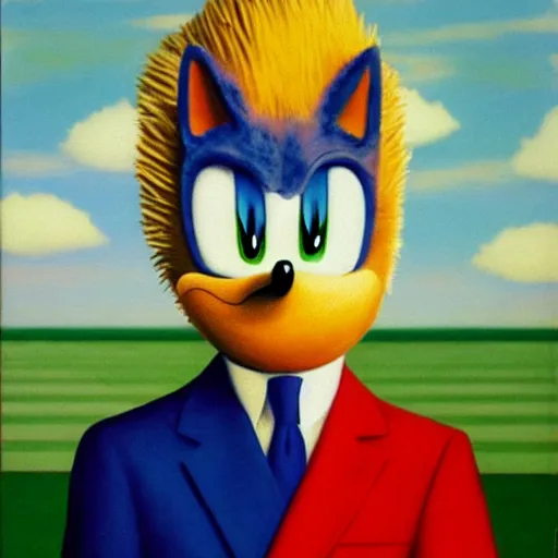 Image similar to sonic the hedgehog, painted by rene magritte, highly detailed