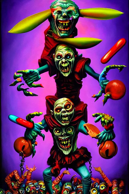 Image similar to a hyperrealistic painting of a epic boss fight against evil jester juggling knives, cinematic horror by chris cunningham, lisa frank, richard corben, highly detailed, vivid color,