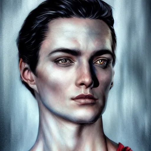 Image similar to superman character portrait, lean face, cinematic lighting, glowing grey eyes, hyper - detailed, 4 k, high resolution, in the style of charlie bowater, tom bagshaw, single face, symmetrical, headshot photograph, insanely detailed and intricate, beautiful, elegant, watercolor, cinematic, portrait, raphaelite, headroom, pierre - auguste renoir