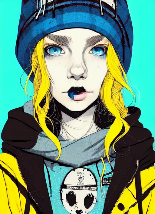 Image similar to highly detailed portrait of a sewer punk lady student, blue eyes, tartan hoody, hat, white hair by atey ghailan, by greg tocchini, by kaethe butcher, by alex horley, gradient yellow, black, brown and cyan color scheme, grunge aesthetic!!! ( ( graffiti tag wall flat colour background ) )