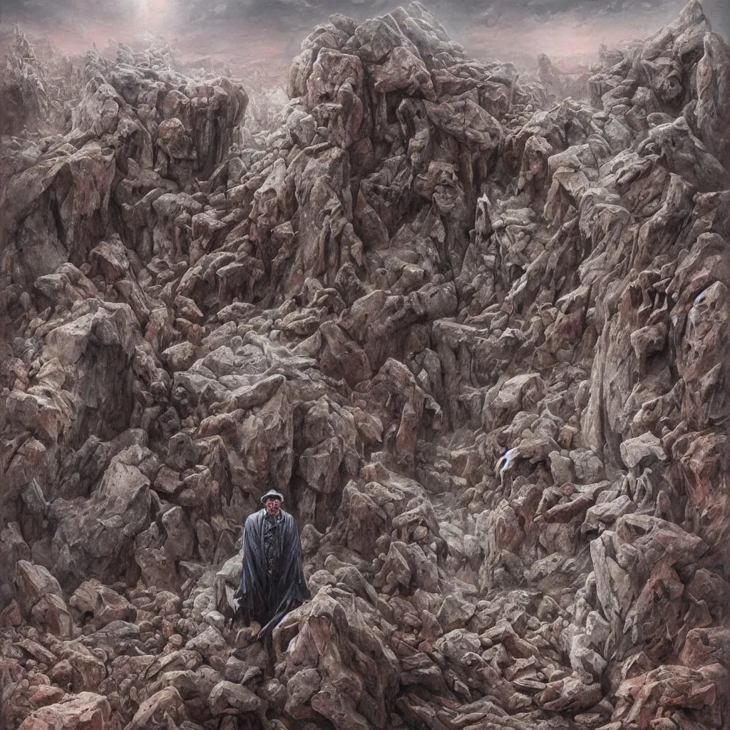 Image similar to oil painting of donald trump in a desolate hell - scape, shackled to a giant stone letter q, painted by dan seagrave, wayne barlowe and zdzisław beksinski, front and center, intricate detail, surrealist, macabre, dark, horror, pain, suffering, death